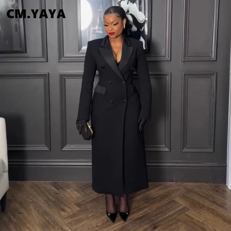 CM.YAYA-Robe longue crantée à manches longues pour femmes, robe de soirée élégante, robe de rue, double boutonnage, sexy, mode, avocat, travail, nuit, printemps