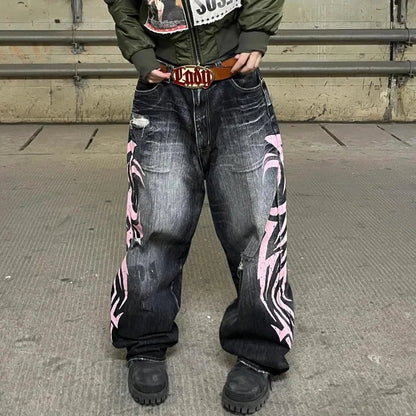 Jean baggy taille haute pour femme, jean droit, mode décontractée, imprimé hip hop, gothique, rue américaine, rétro, lavé, Y2K