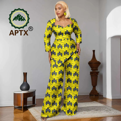 Ensemble deux pièces imprimé africain Ankara pour femmes, haut à manches neuf quarts et pantalon longueur au sol, ensemble décontracté Dashiki avec boucles d'oreilles