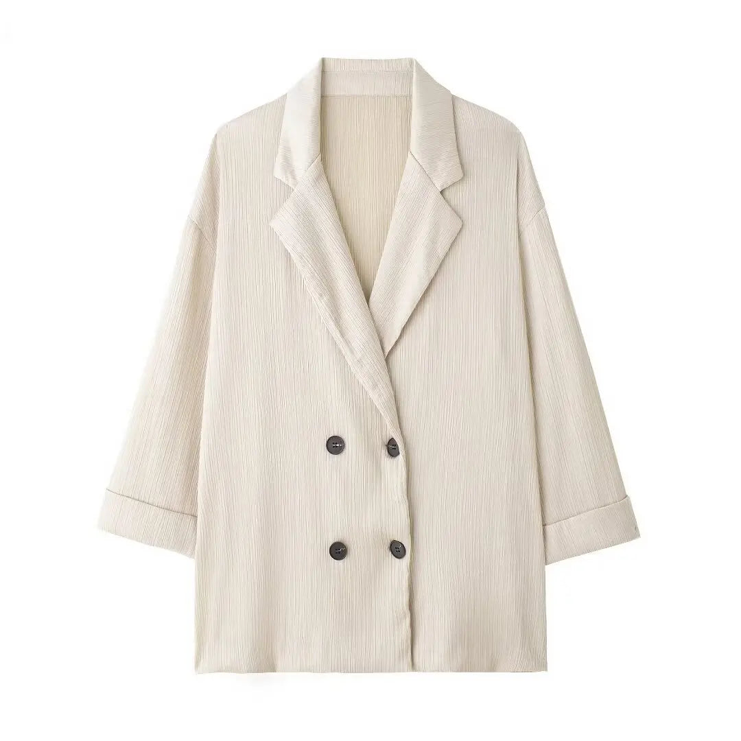 TRAFZA 2025 femmes pantalons décontractés ensemble taille haute pantalon à jambes larges + solide Beige ample glace soie Double boutonnage chemise hauts 2025 à la mode