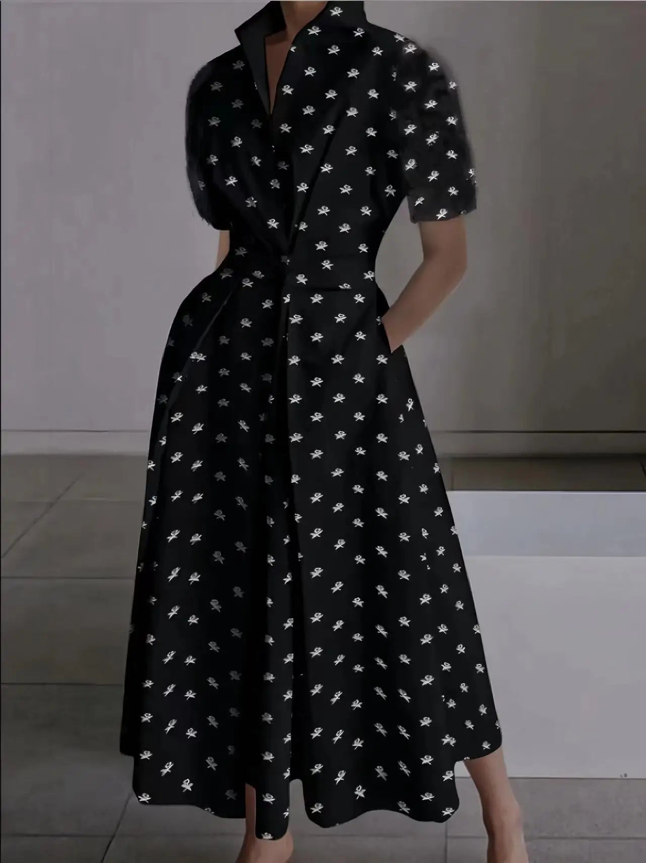 Robe élégante à imprimé géométrique pour femmes, chemise à col rabattu, taille élastique, grande robe balançoire, nouvelle mode, été, 2024