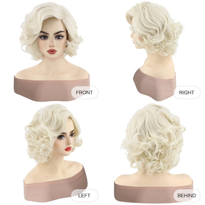 Perruque synthétique courte blonde bouffante bouclée et ondulée de 12 pouces pour femmes, pour usage quotidien en fête, aspect naturel, sans colle, résistante à la chaleur