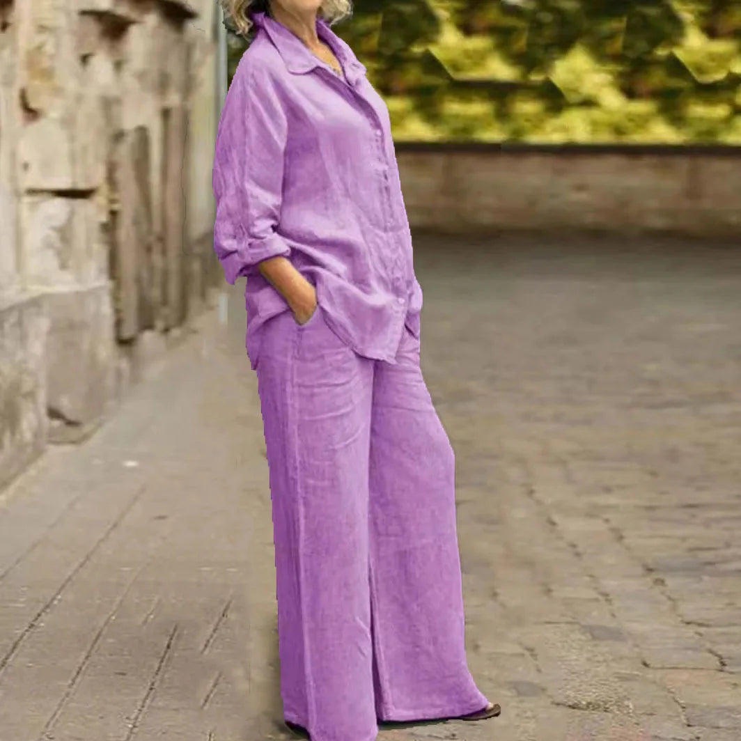 Ensemble 2 pièces en coton et lin pour femmes, chemise à manches longues, jambe large, mode féminine, bureau, printemps, automne