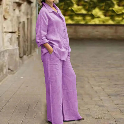 Ensemble 2 pièces en coton et lin pour femmes, chemise à manches longues, jambe large, mode féminine, bureau, printemps, automne
