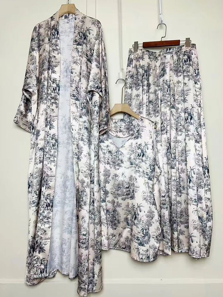 Cardigan long imprimé géométrique rétro, ensemble trois pièces, pull ample + jupe à jambes larges, costume à la mode pour femmes, été 2025