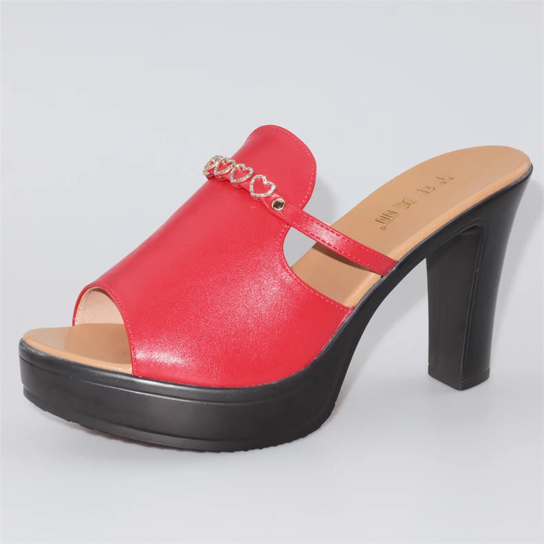Chaussures à talons hauts de 10cm pour femmes, chaussures à plateforme, pantoufles d'été à semelle épaisse en cuir avec cœur épais, pour bureau et mariage, 2025