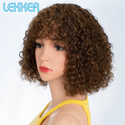 Lekker couleur courte Pixie Afro crépus bouclés Bob 100% perruques de cheveux humains avec frange pour les femmes brésilien Remy cheveux Ombre brun perruques