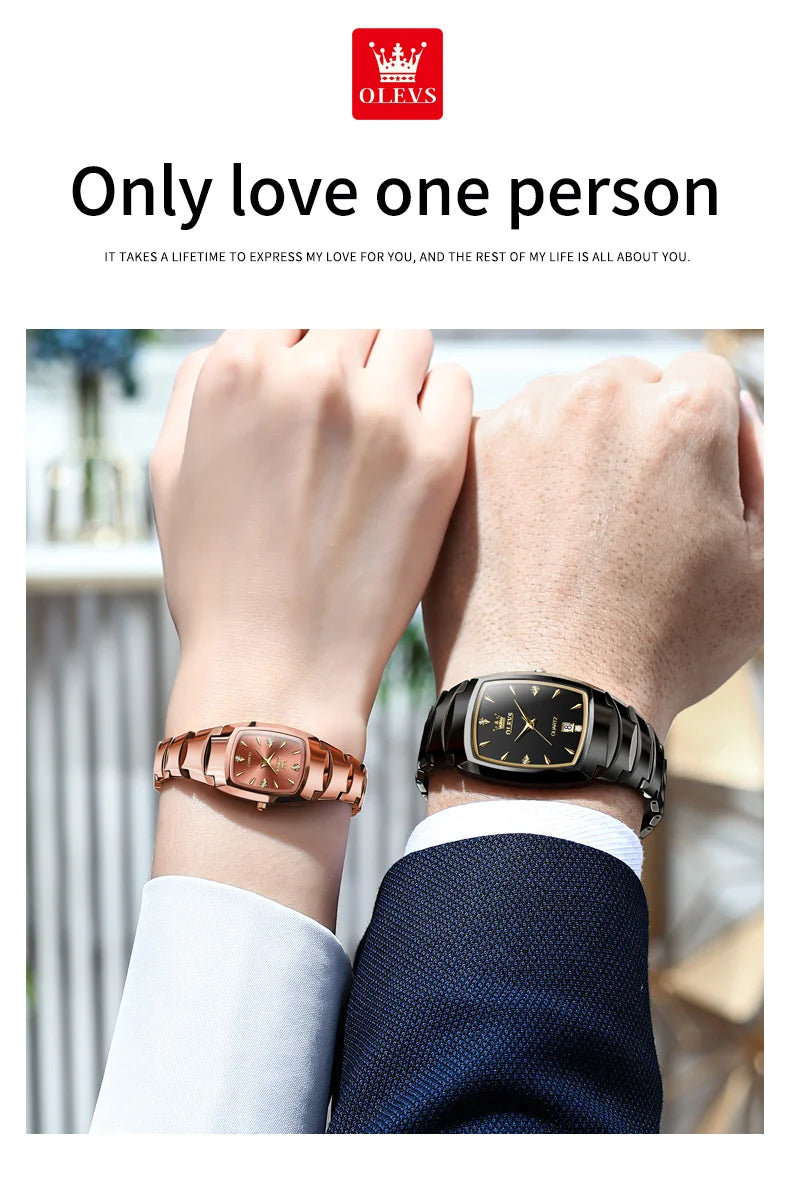 OLEVS-Montre de couple en acier au tungstène Tonneau pour hommes et femmes, marque de luxe, montre à quartz pour amoureux, montre-bracelet étanche, 7006