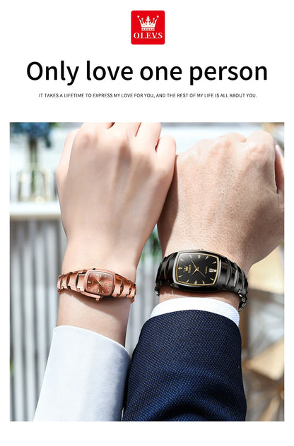 OLEVS-Montre de couple en acier au tungstène Tonneau pour hommes et femmes, marque de luxe, montre à quartz pour amoureux, montre-bracelet étanche, 7006