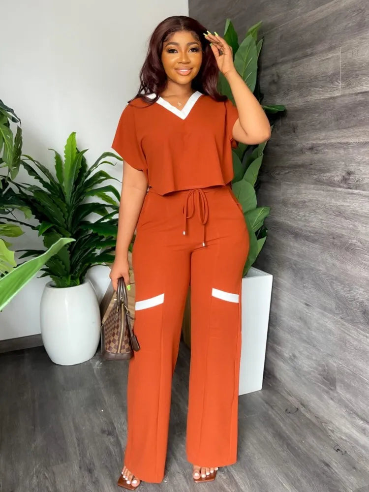 Costume élégant pour femmes, décontracté, col en V, manches courtes, T-shirt et pantalon, ensemble deux pièces, mode d'été, tenue de sport solide