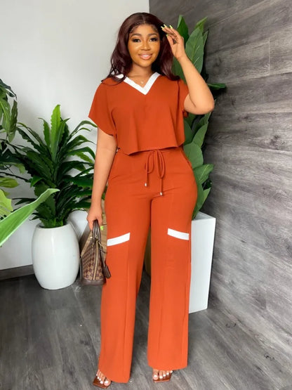 Costume élégant pour femmes, décontracté, col en V, manches courtes, T-shirt et pantalon, ensemble deux pièces, mode d'été, tenue de sport solide