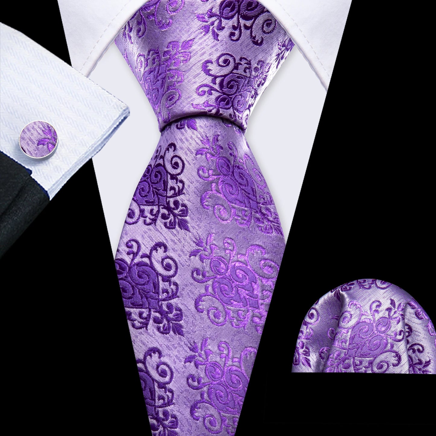 Barry.Wang violet lilas lavande soie hommes cravate mouchoir bouton de manchette ensemble Jacquard cravate florale pour homme mariage fête d'affaires