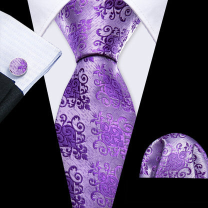 Barry.Wang violet lilas lavande soie hommes cravate mouchoir bouton de manchette ensemble Jacquard cravate florale pour homme mariage fête d'affaires