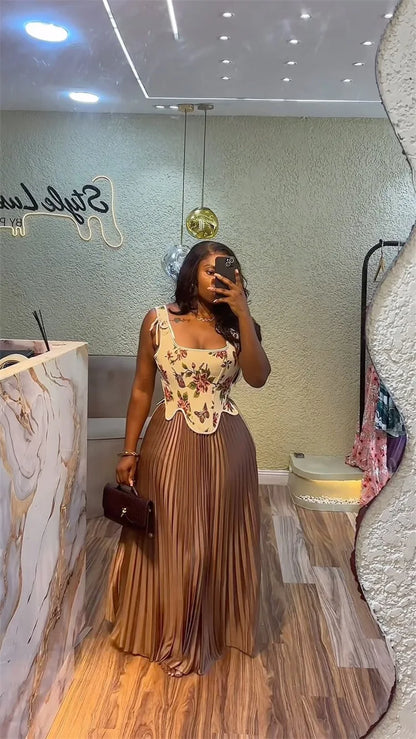 CM.YAYA ensemble femme imprimé fleuri taille cintrée gilet + jupes longues plissées costume 2025 fête soirée rue deux 2 pièces ensemble tenue