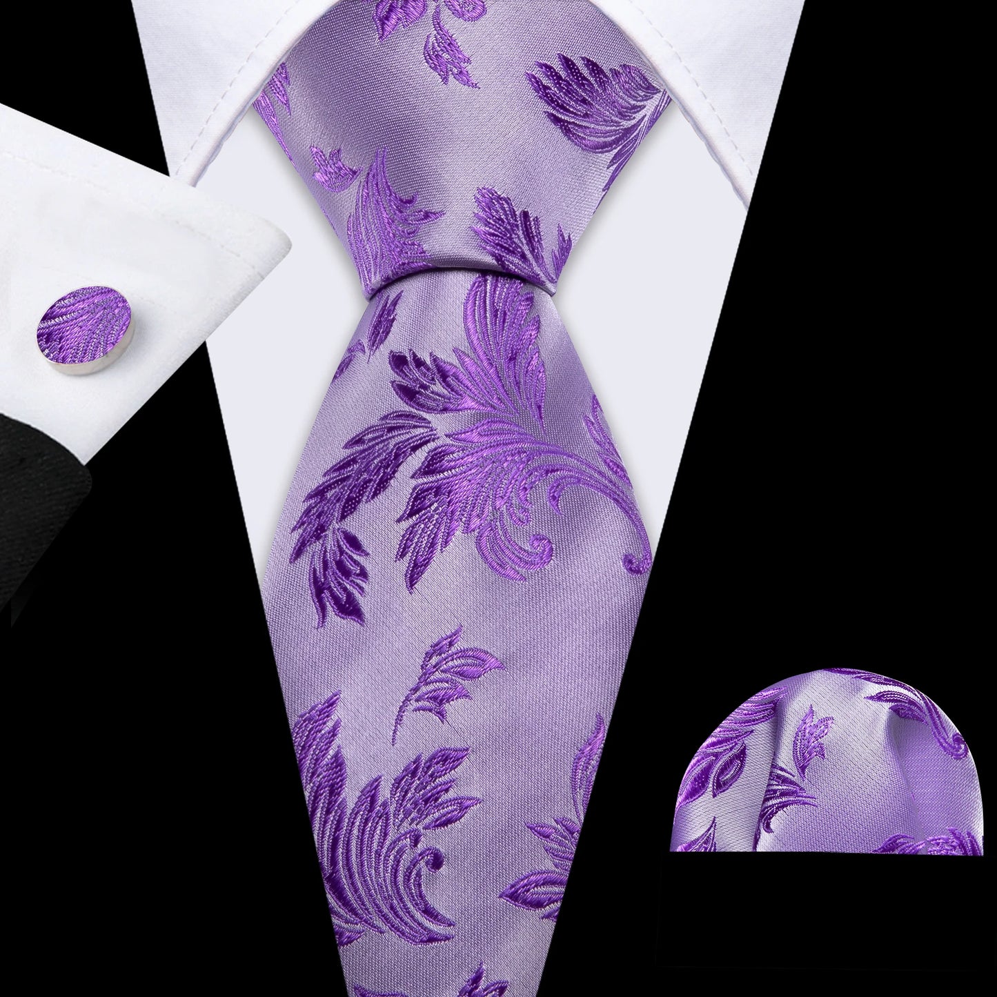 Barry.Wang violet lilas lavande soie hommes cravate mouchoir bouton de manchette ensemble Jacquard cravate florale pour homme mariage fête d'affaires