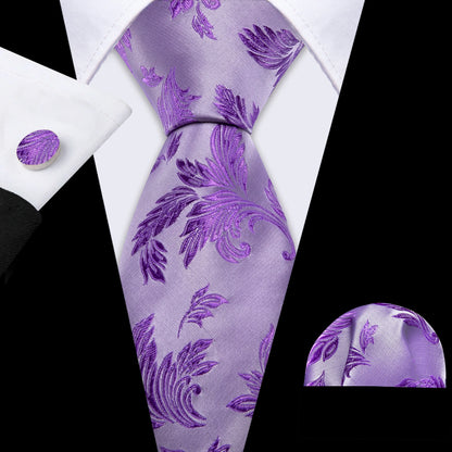 Barry.Wang violet lilas lavande soie hommes cravate mouchoir bouton de manchette ensemble Jacquard cravate florale pour homme mariage fête d'affaires