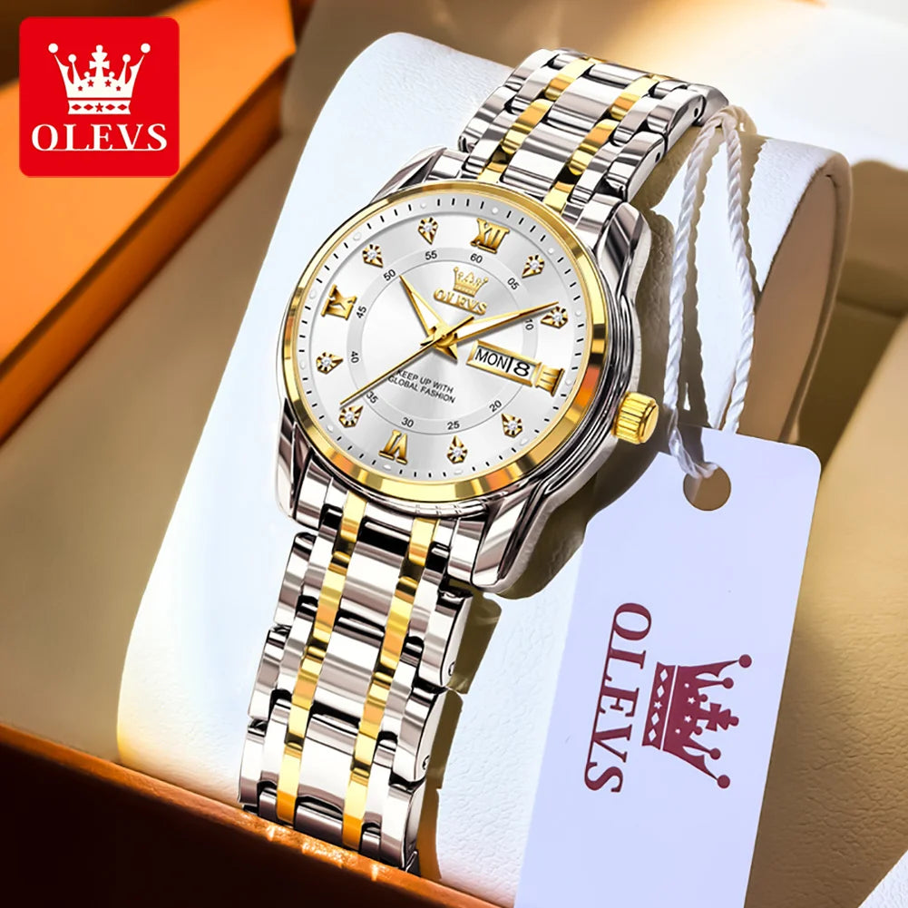 OLEVS meilleure vente mode en acier inoxydable Quartz dames montre de luxe double calendrier lumineux étanche montre élégante pour les femmes