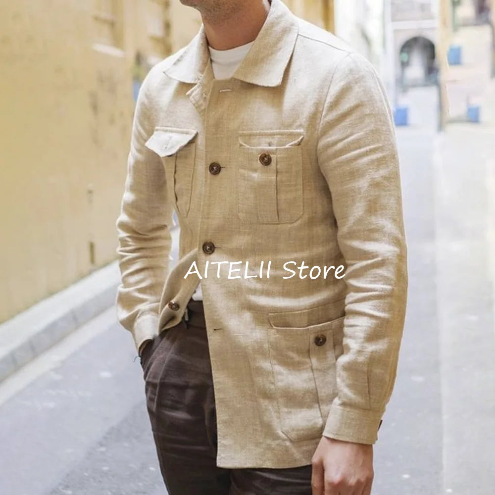 Blazers pour homme costume vestes lin léger décontracté quatre poches revers hommes veste simple boutonnage costumes mode Blazer vêtements