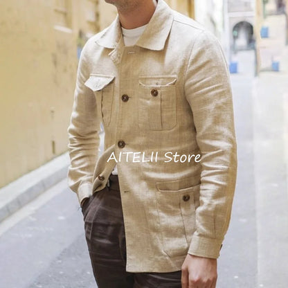 Blazers pour homme costume vestes lin léger décontracté quatre poches revers hommes veste simple boutonnage costumes mode Blazer vêtements
