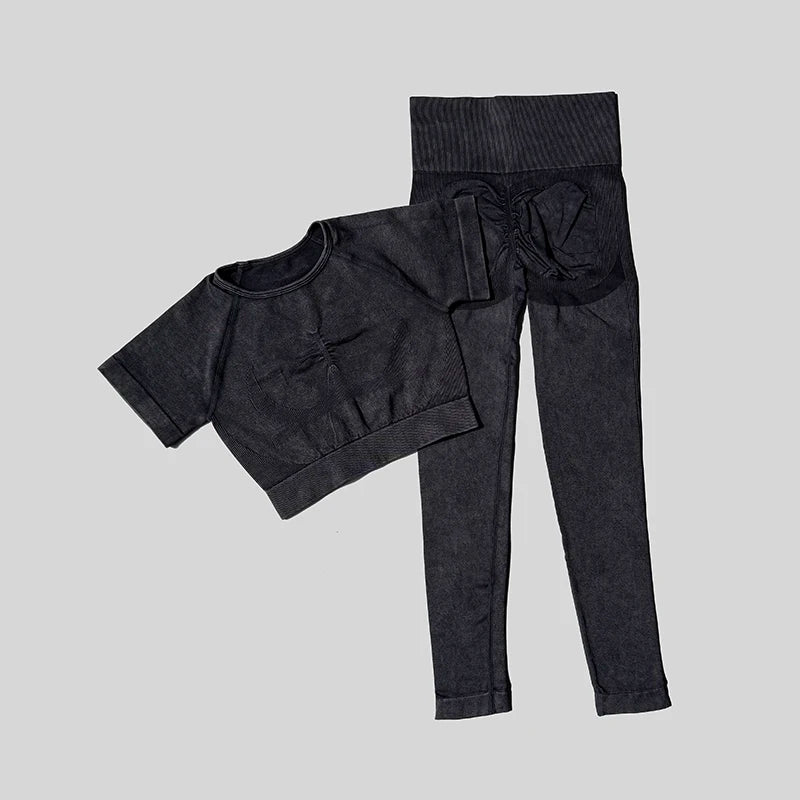 Ensemble de sport de lavage pour femmes, combinaison sans couture, haut de Fitness à manches courtes avec froissés sur les fesses, Leggings d'entraînement, vêtements de gymnastique