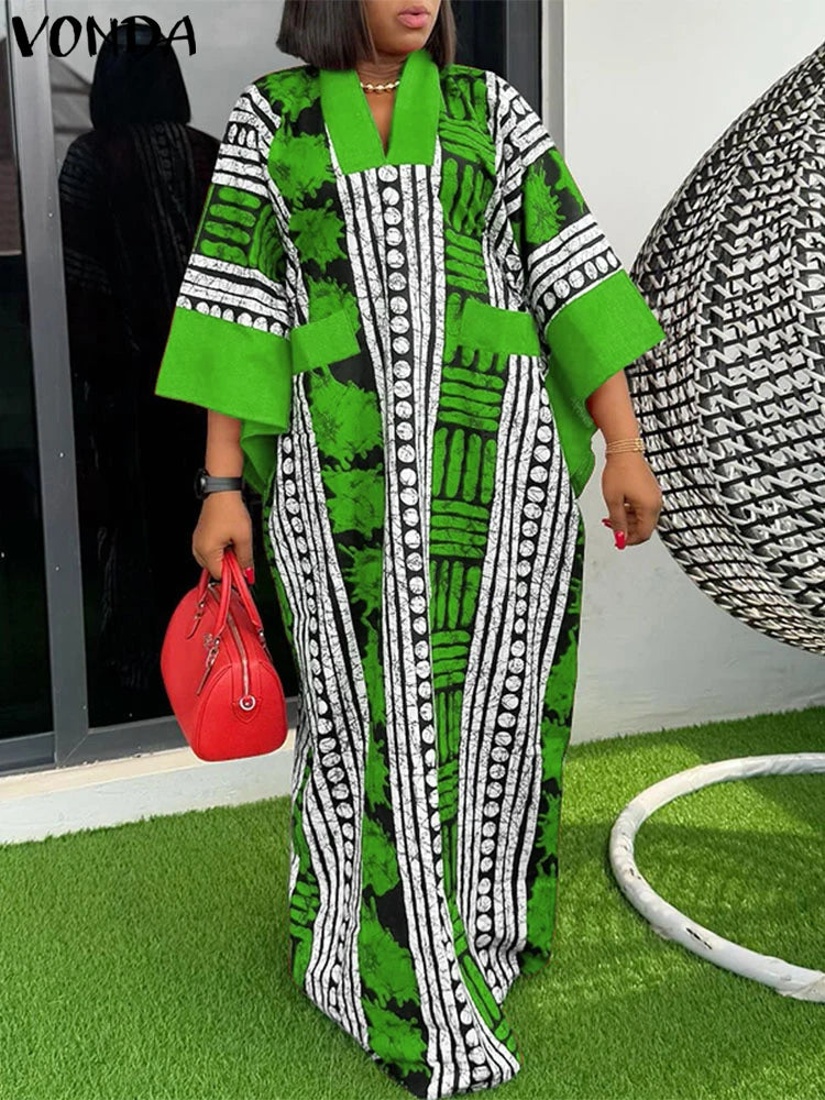 VONDA Vintage Robe Maxi femmes été fête imprimer robes 2025 mode col en v 3/4 manches décontracté surdimensionné ample longue Robe