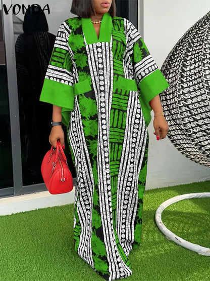 VONDA Vintage Robe Maxi femmes été fête imprimer robes 2025 mode col en v 3/4 manches décontracté surdimensionné ample longue Robe