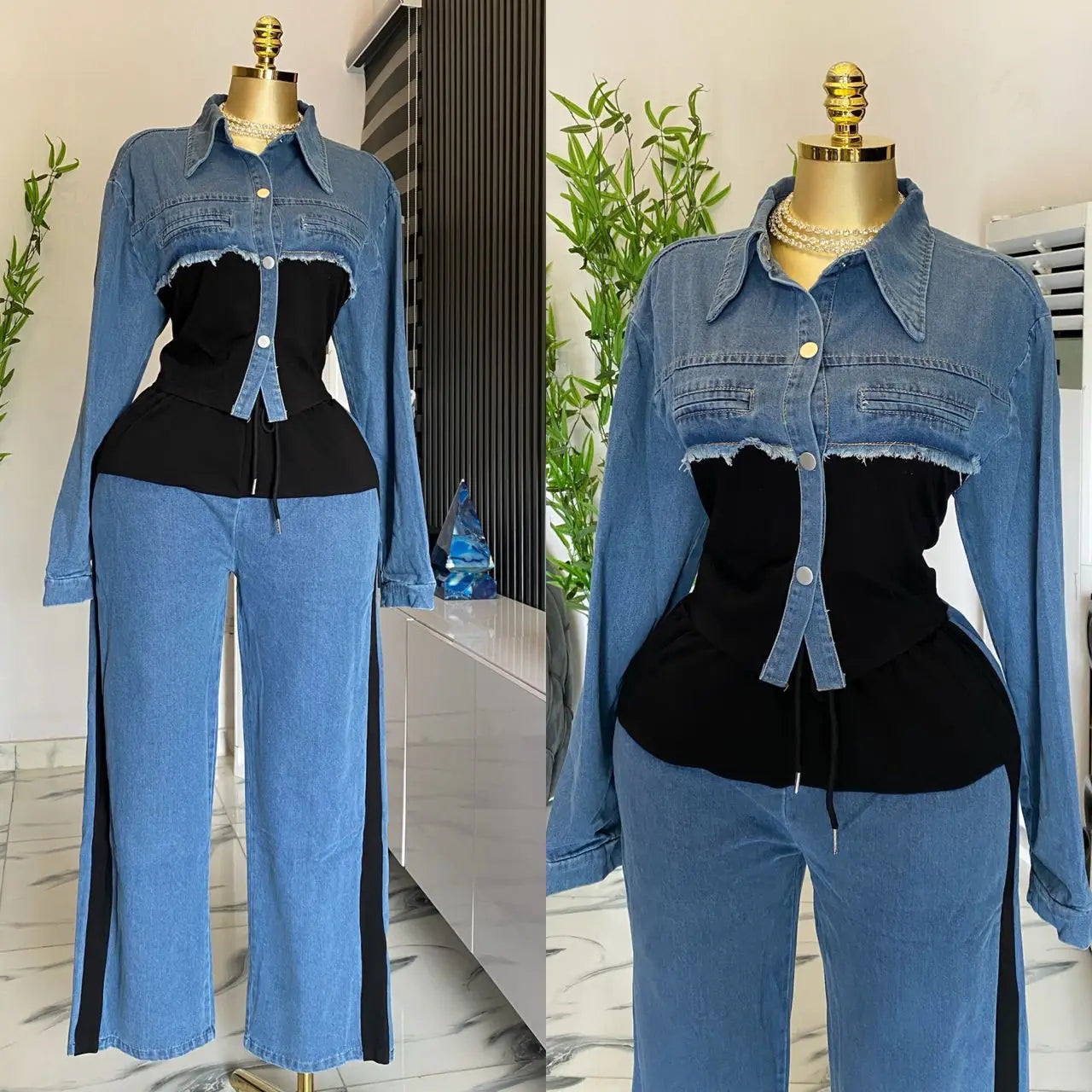 Ensemble deux pièces pour femmes, pantalon en Denim, épissure assortie, haut de printemps, jambes larges, pantalons longs, décontracté, ample, à lacets, taille haute, survêtement