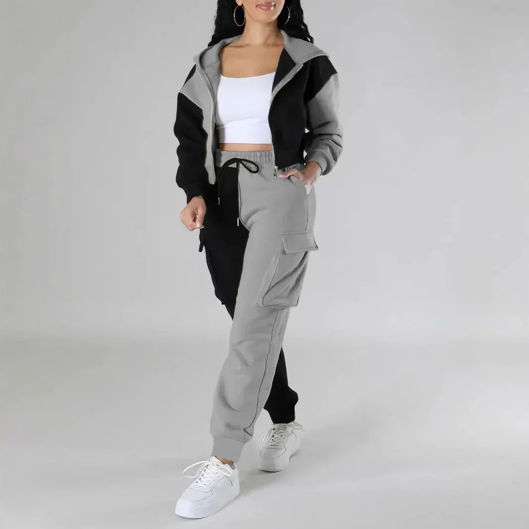 veste sport deux pièces ample pour femmes, ensemble assorti, survêtement à capuche, fermeture éclair bloquée, vêtements d'extérieur courts, pantalon Cargo avec cordon de serrage, automne hiver