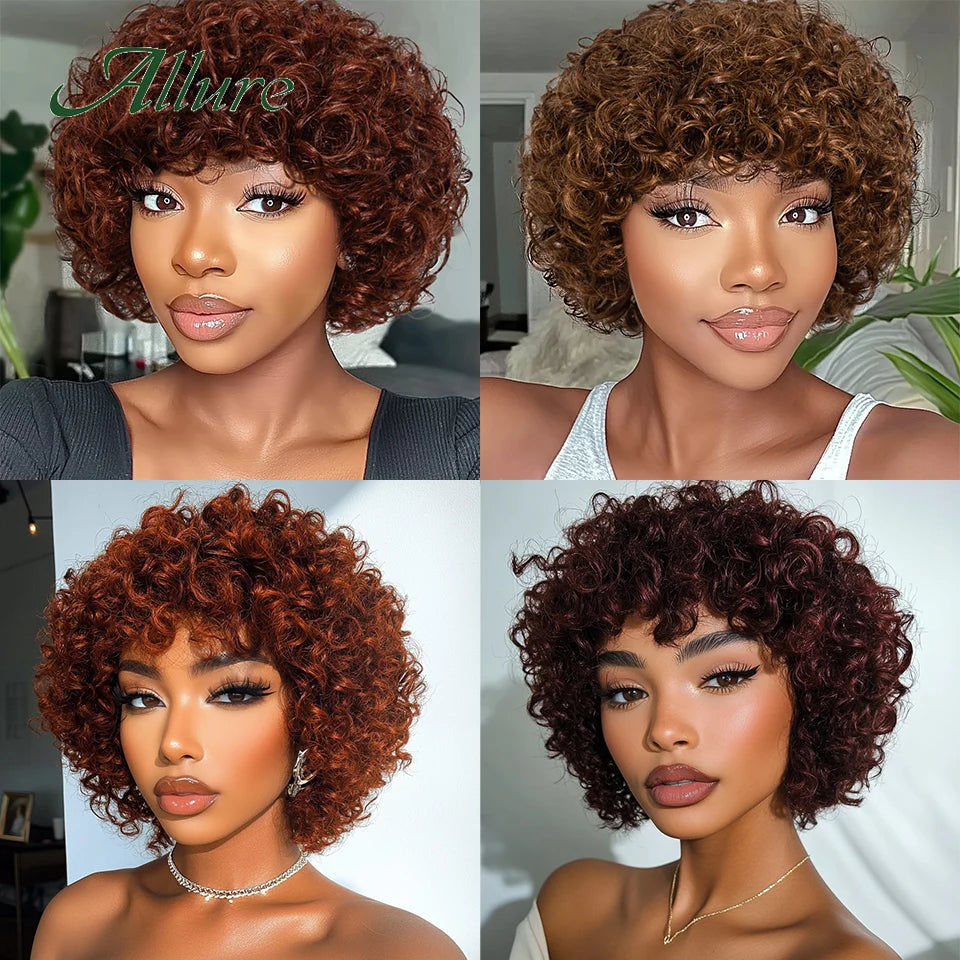 Jerry bouclés perruques de cheveux humains pour les femmes noires 10 pouces court Pixie Afro crépus bouclés perruque avec frange brun couleur cheveux perruques Allure