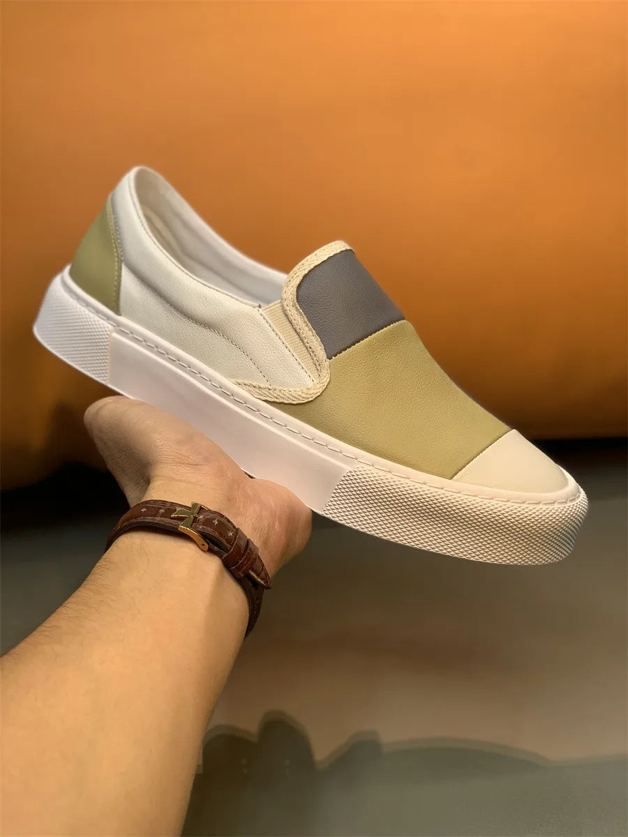 Printemps nouveaux hommes en cuir à semelles épaisses simples et à la mode couleur bloqué chaussures décontractées