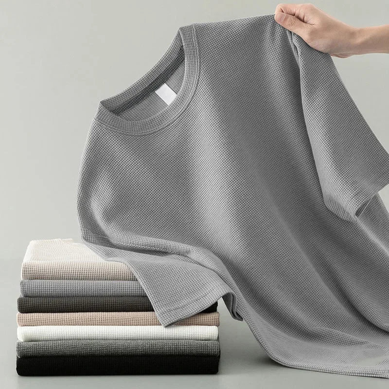 Style coréen hommes été T-Shirt homme à manches courtes gaufré solide T-Shirt couleur T-Shirt décontracté rond hommes col rond haut tendance