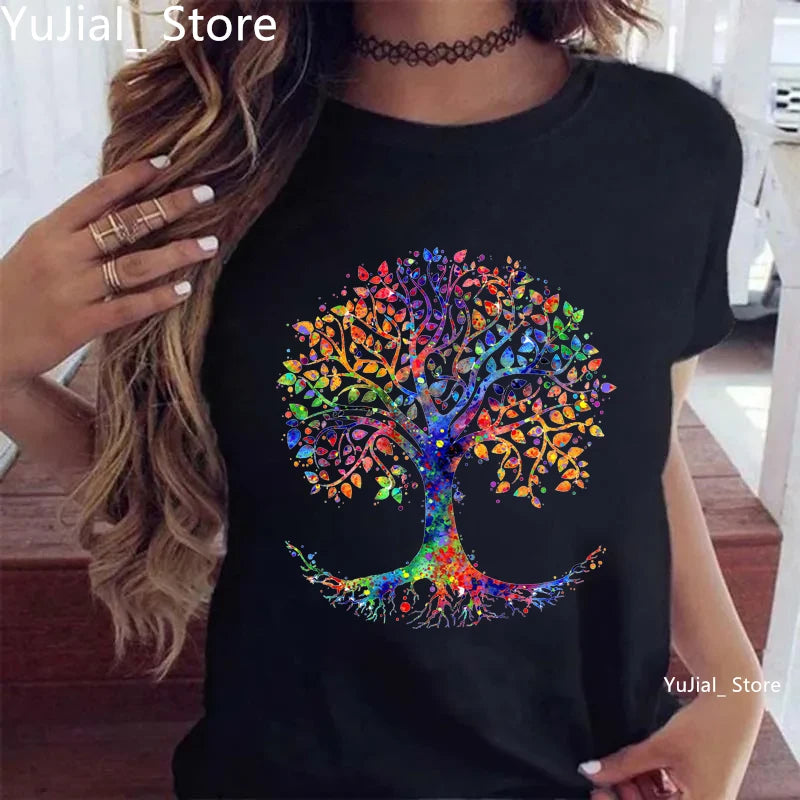 T-shirt imprimé arbre magique d'interconnexion pour femme, gris, vert, jaune, rose, noir, mode fille, été
