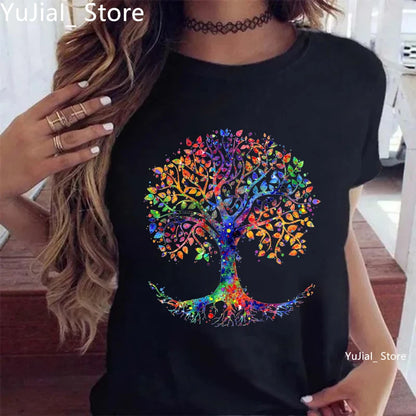 T-shirt imprimé arbre magique d'interconnexion pour femme, gris, vert, jaune, rose, noir, mode fille, été