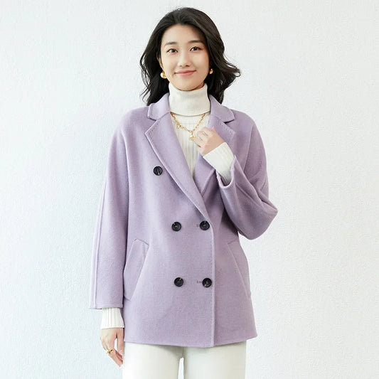 Manteau en laine Double face pour femme, épais, mi-long, col de costume, coupe ample, couleur Pure, polyvalent, nouveau Style automne hiver