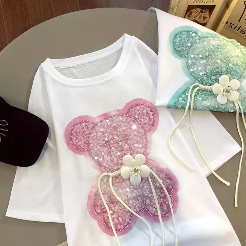 Harajuku pur coton violet cristal diamants ours broderie mignon t-shirts Kawaii femmes filles hauts décontractés en vrac mode coréenne
