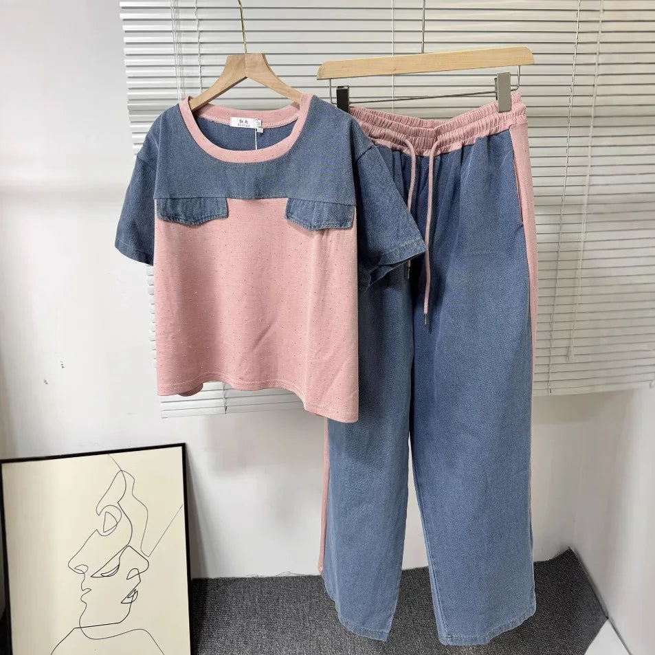Ensemble deux pièces en Denim pour femmes, ensemble pantalon assorti, Streetwear Y2k, décontracté, perçage à chaud, hauts, jambes larges, pantalons longs, taille haute, 2025