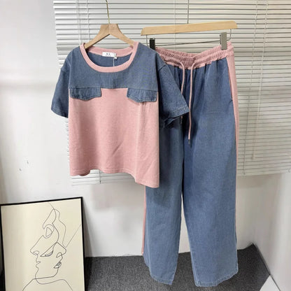 Ensemble deux pièces en Denim pour femmes, ensemble pantalon assorti, Streetwear Y2k, décontracté, perçage à chaud, hauts, jambes larges, pantalons longs, taille haute, 2025
