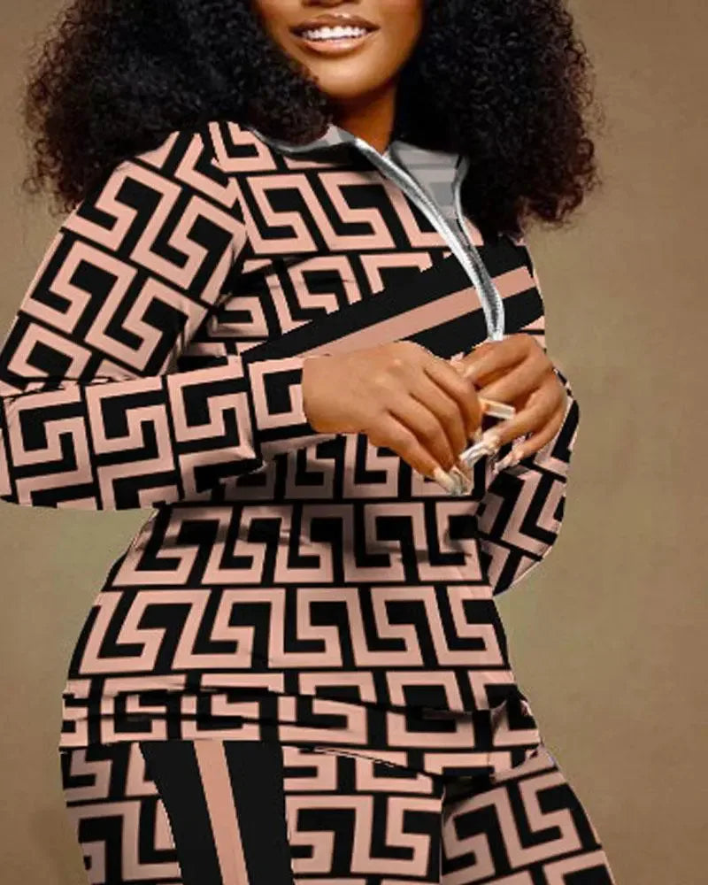 Ensemble de pantalons longs droits pour femmes, fermeture éclair imprimée, col montant, gaine, manches longues, décontracté, automne, hiver, 2024