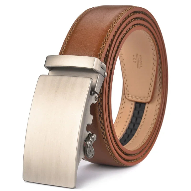 Plyesxale Ceinture en cuir marron hommes 2024 boucle automatique hommes Ceinture pour jean Style Vintage hommes ceintures de luxe Ceinture Homme B9