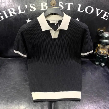 T-shirt à manches courtes en soie glacée pour hommes, pull tricoté à revers contrasté, tendance et personnalisé, décontracté, nouvelle collection été