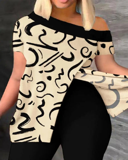 Ensemble deux pièces élégant pour femmes, nouvelle mode, imprimé, manches à volants, haut, pantalon de couleur unie, avec ceinture, chemisiers, vêtements féminins