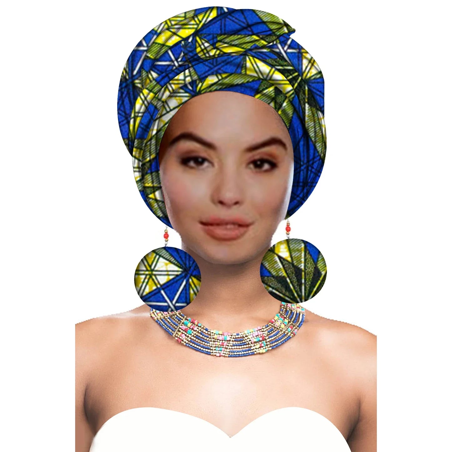 Turbans - bandeaux africains pour femme foulard africain couvre-chef nigérian avec boucle d'oreille assortie Dashiki Ankara cire S20H004