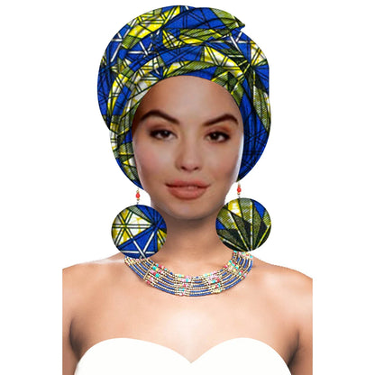 Turbans - bandeaux africains pour femme foulard africain couvre-chef nigérian avec boucle d'oreille assortie Dashiki Ankara cire S20H004