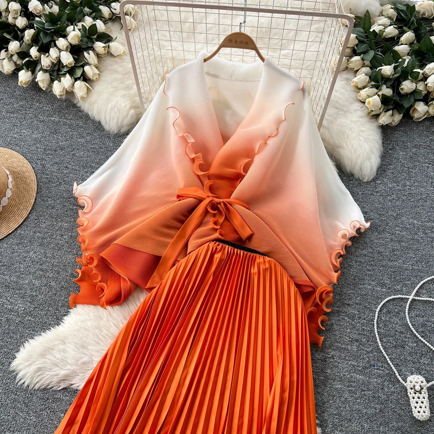 Miyake pli changement progressif couleur bord ondulé costume soleil jupe plissée à la mode et élégant deux pièces ensembles tenues pour femmes