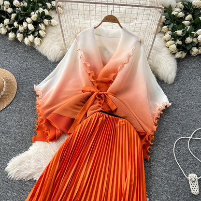 Miyake pli changement progressif couleur bord ondulé costume soleil jupe plissée à la mode et élégant deux pièces ensembles tenues pour femmes