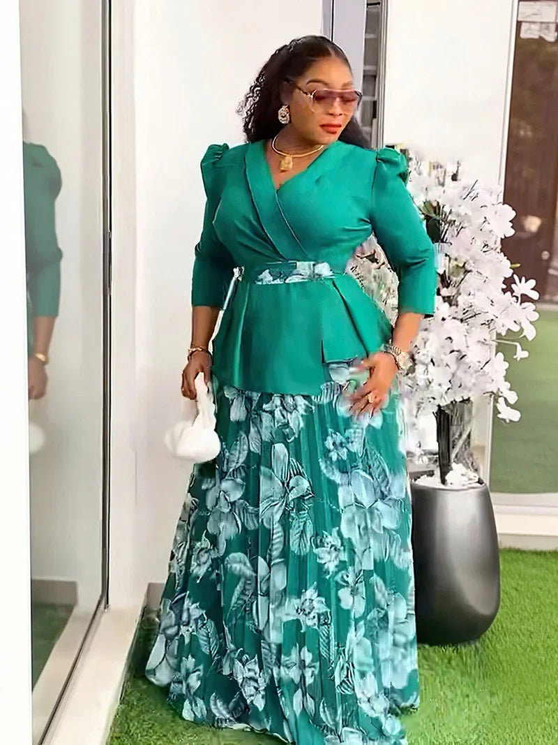 Vêtements africains 2 pièces pour femmes, mode d'été, demi-manches, col en v, haut imprimé en Polyester, jupe longue, ensembles assortis, 2025