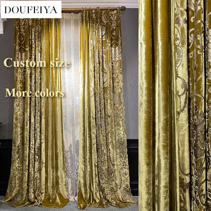 Rideaux occultants de luxe en feuille de velours de soie, estampage doré, pour salon, chambre à coucher, salle à manger, Nature, taille verticale personnalisée, Tulle blanc