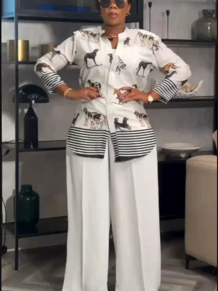 Ensemble Dashiki africain 2 pièces pour femmes, haut imprimé chien, pantalon ample, costume traditionnel, respirant, confortable, tenue décontractée, été