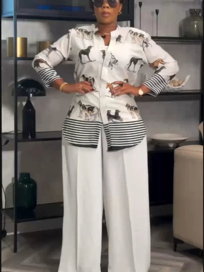 Ensemble Dashiki africain 2 pièces pour femmes, haut imprimé chien, pantalon ample, costume traditionnel, respirant, confortable, tenue décontractée, été