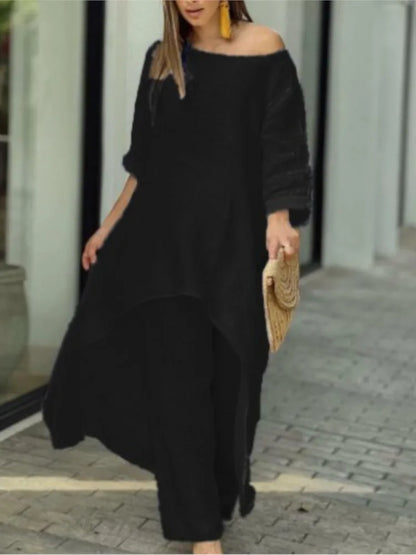 BERAKAH SUPREME - Ensemble pantalon Long en coton et lin pour femmes, mode solide, décontracté, hauts irréguliers, jambes larges, costumes de bureau, ensemble deux pièces, vêtements